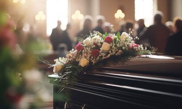 Eine Trauerfeier: im Vordergrund sieht man einen Sarg, die Trauergesellschaft ist unscharf im Hintergrund zu erkennen