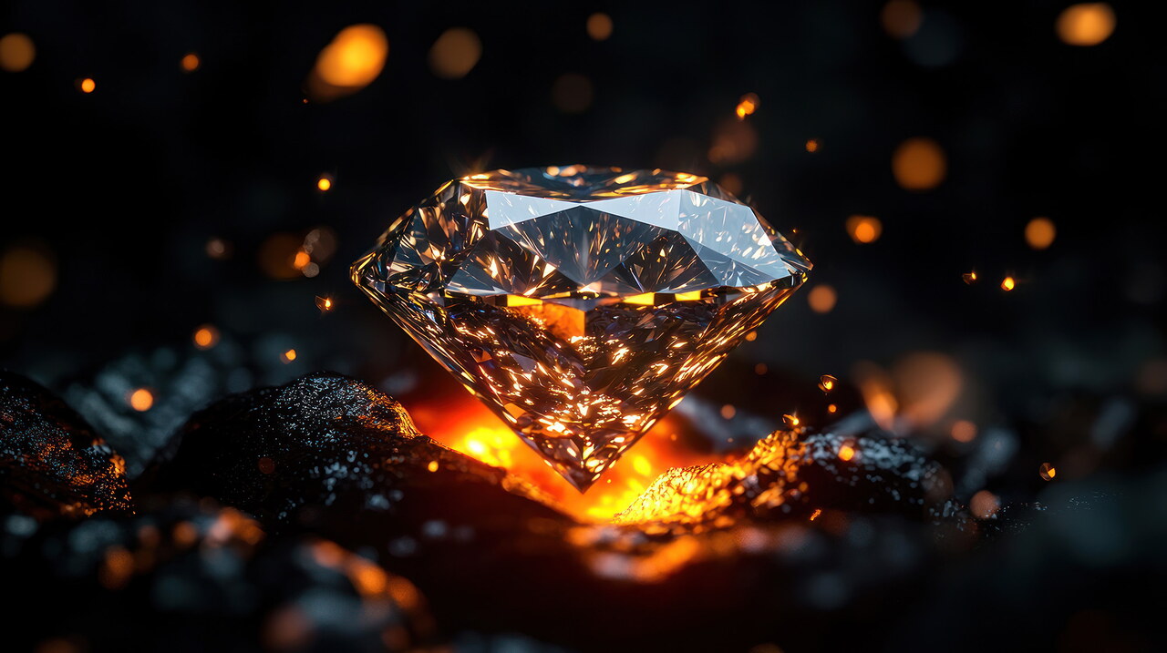 In einem geschliffenen Diamanten spiegeln sich Funken